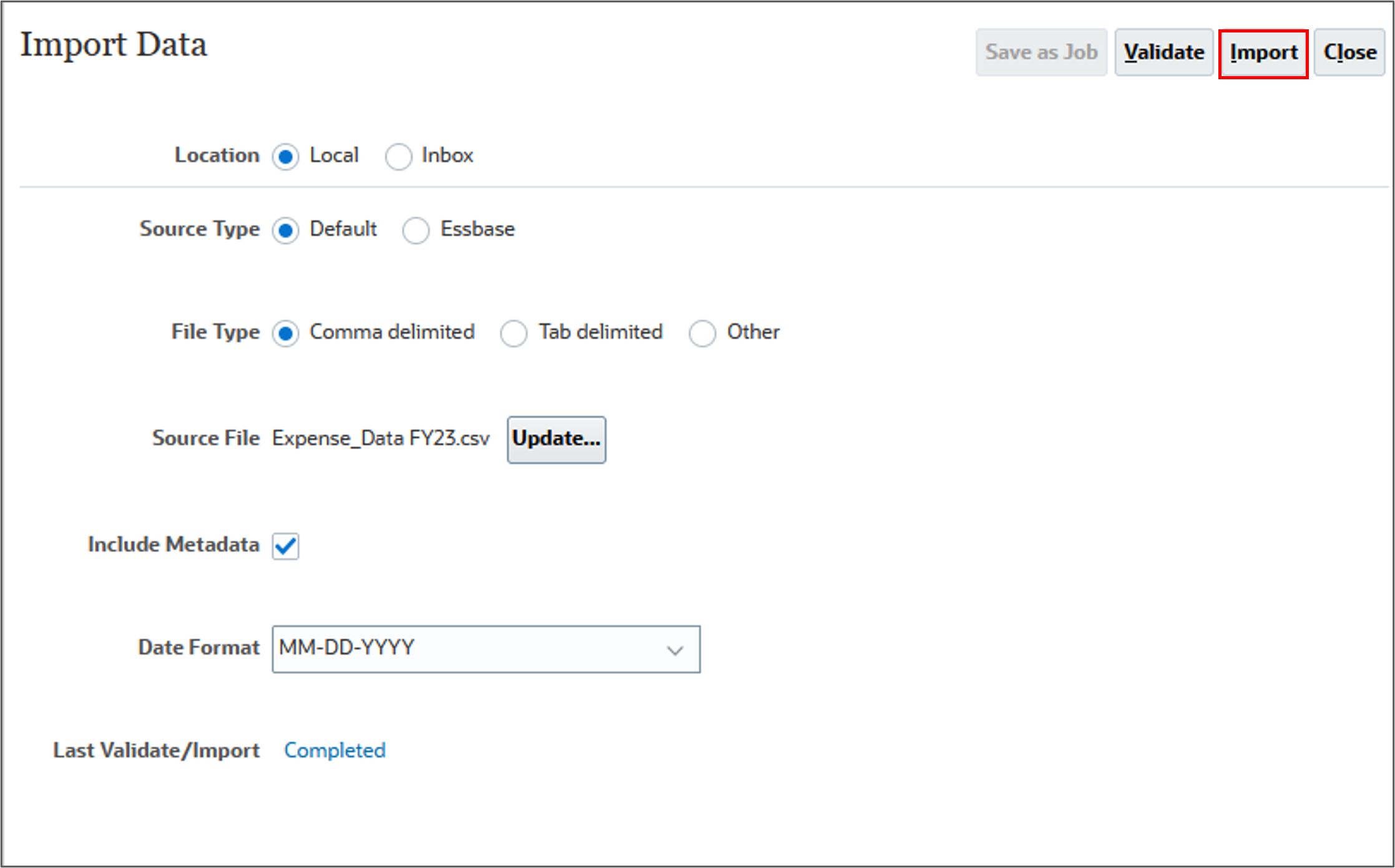 Click Import